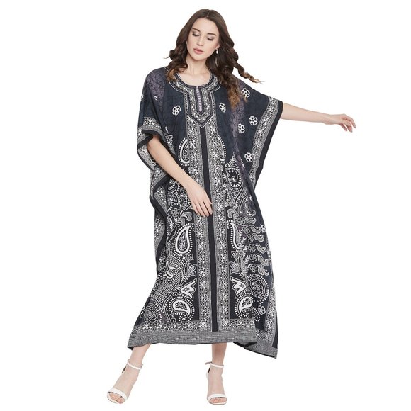 Women Plus Size Fit and Flare Paisley Printed Black Kaftan Dress by Gypsie Blu - Picture 4 of 9